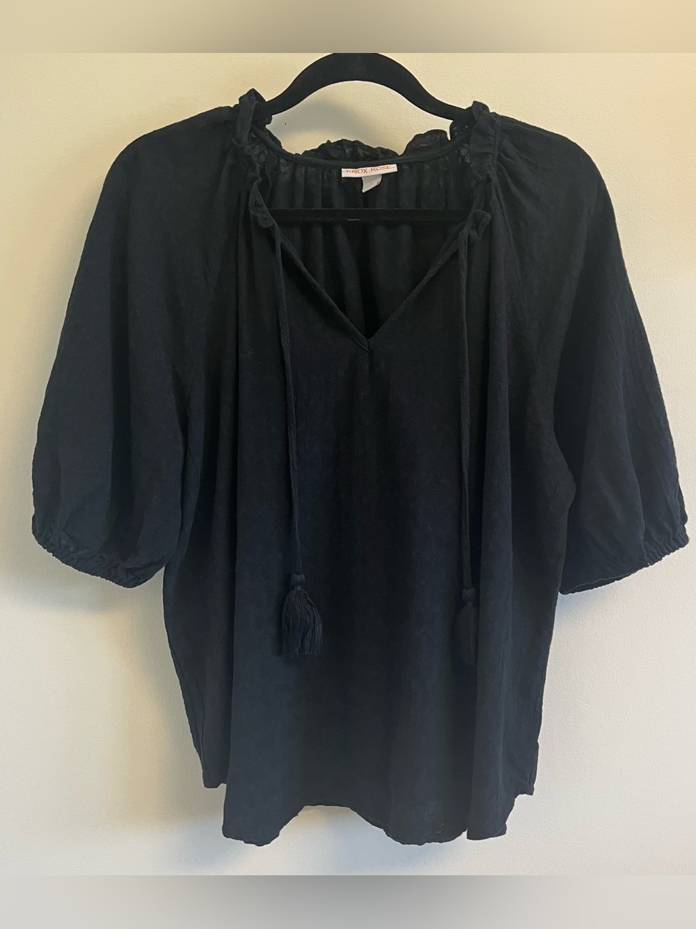 Boho Peasant Whimsigoth Womens Blouse L Black Cotton V-Neck Puff Sleeve Hippie